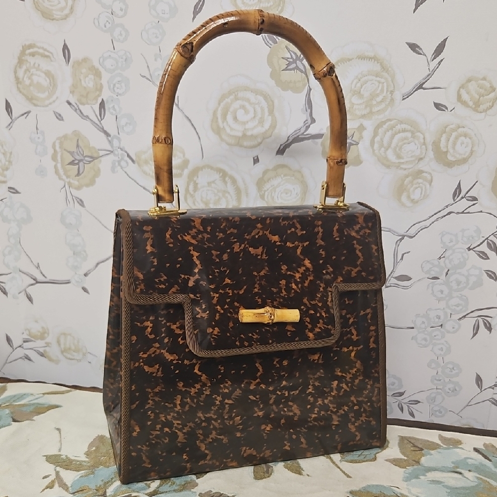 Chic Brown Patterned Satchel with Bamboo Handle